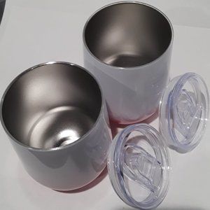 SET OF 2 STAINLESS BEVERAGE CUPS WITH LIDS - BRAND NEW